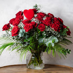 Full view of the Two Dozen Red Roses luxury bouquet with salal and eucalyptus foliage