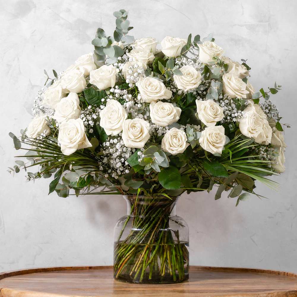 Fifty White Roses bouquet, fifty hand-tied white roses with gypsophila and seasonal greens