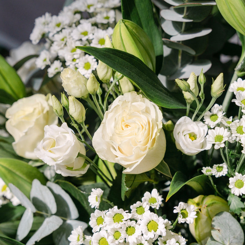 A close-up of a floral arrangement featuring creamy white roses, small white daisy-like flowers, green leaves, and buds.