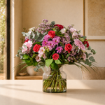Pretty in Pink fresh flower bouquet with roses, gerbera, lisianthus and daisy chrysanthemums in vibrant pink tones hand-tied for delivery across Ireland