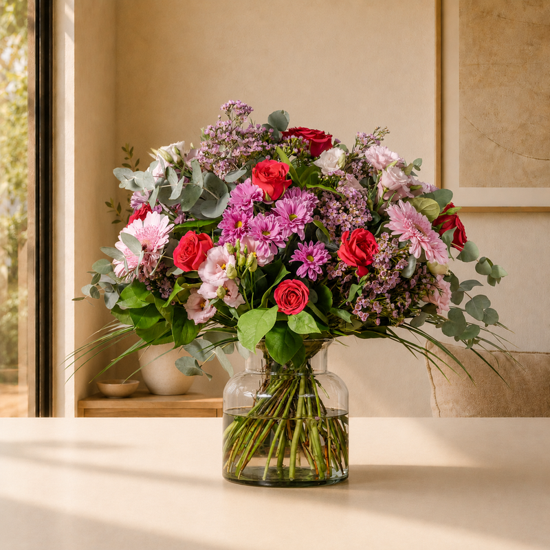 Pretty in Pink fresh flower bouquet with roses, gerbera, lisianthus and daisy chrysanthemums in vibrant pink tones hand-tied for delivery across Ireland