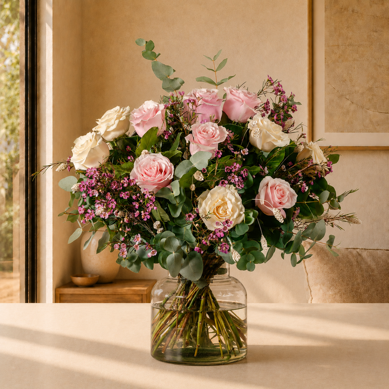 Dreamy luxury rose bouquet with Avalanche and Candlelight Avalanche roses and waxflowers in soft blush and cream tones hand-tied for delivery across Ireland