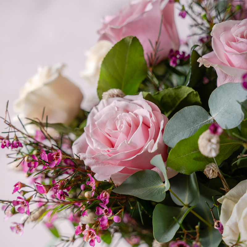 Close up of Dreamy bouquet showing Avalanche roses and Candlelight roses with pink waxflowers in a romantic blush and cream arrangement