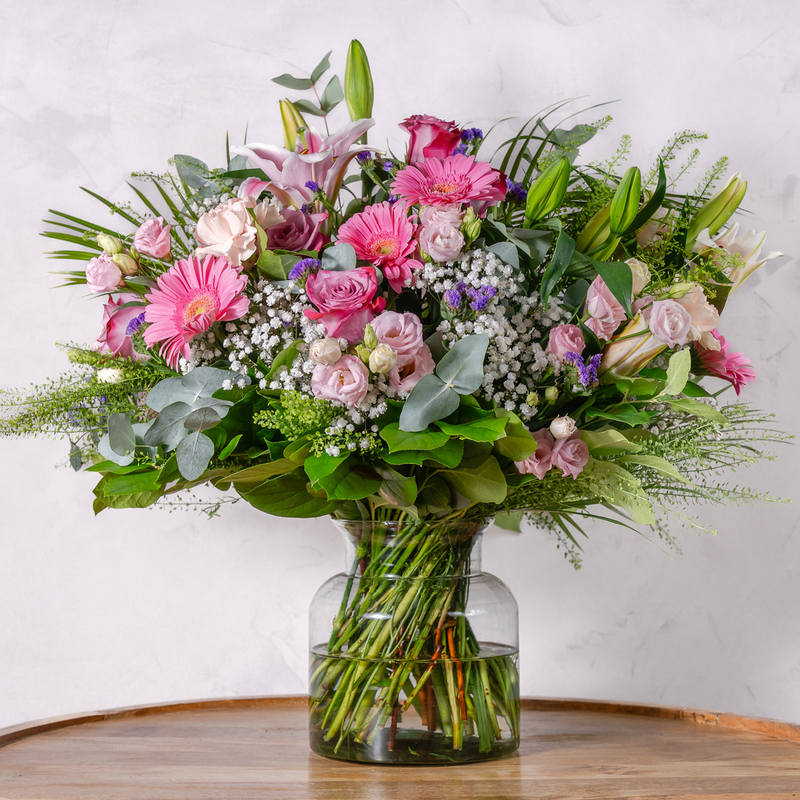 Full arrangement of Blushing Beauty premium rose bouquet with salal and ecco cynarea foliage available for same-day Dublin delivery