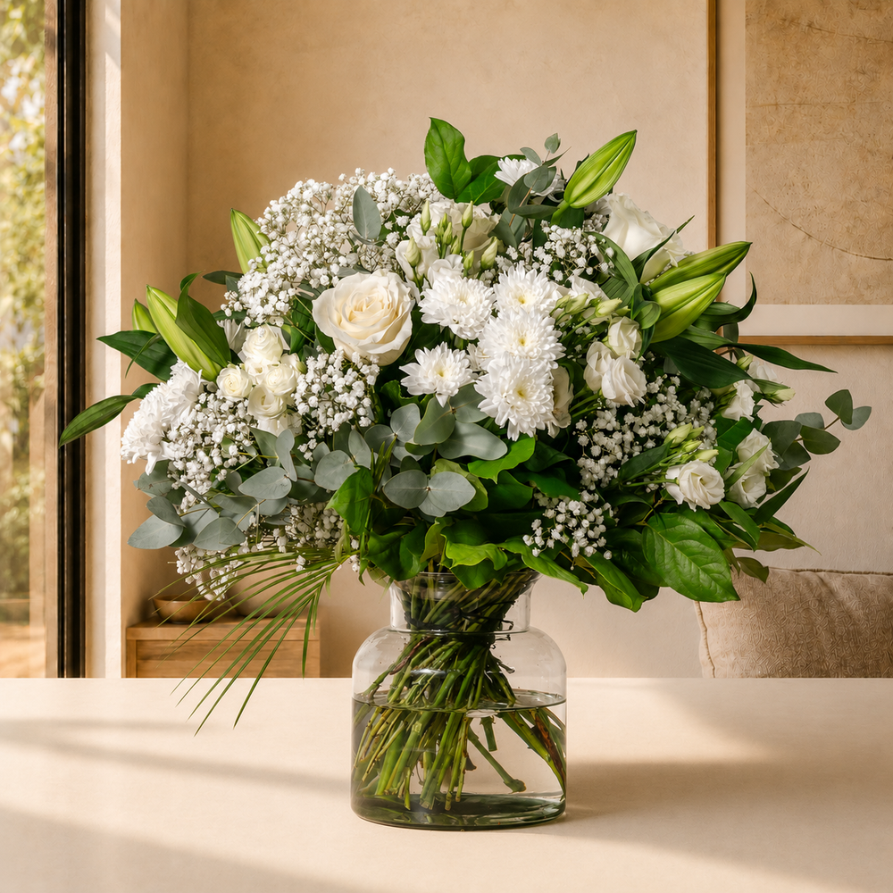 Tranquility fresh white flower bouquet with roses, lilies, hydrangea and lisianthus hand-tied for delivery across Ireland