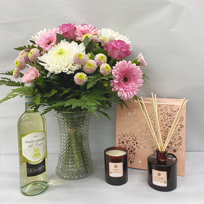 Bouquet Bundle - Florist Choice, Wine and Handmade Soap Gift Set